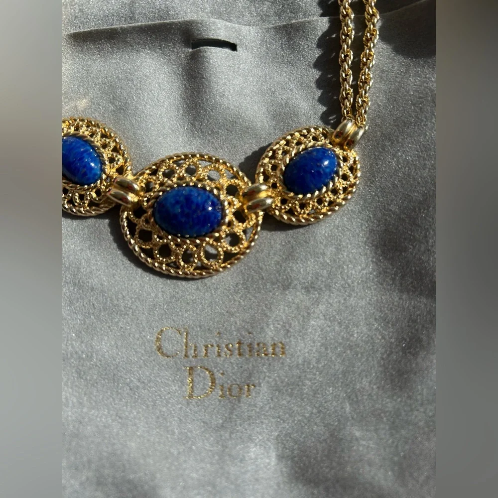 Vintage CHRISTIAN DIOR Lapis Lazuli Gold Plated StatementNecklace - Picture 4 of 6